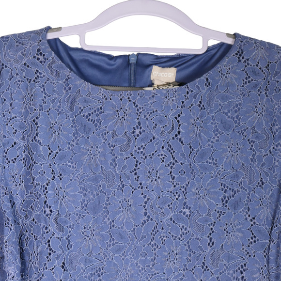 Chicos Blue Sheath Dress Women Size 2.5 14 Lace Overlay Lined Boho Career - Picture 4 of 8